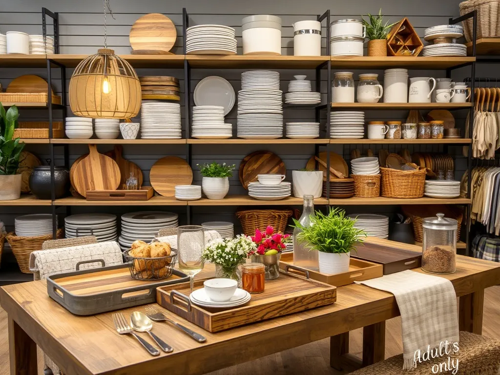 Set of rustic ceramic plates with wooden cutlery